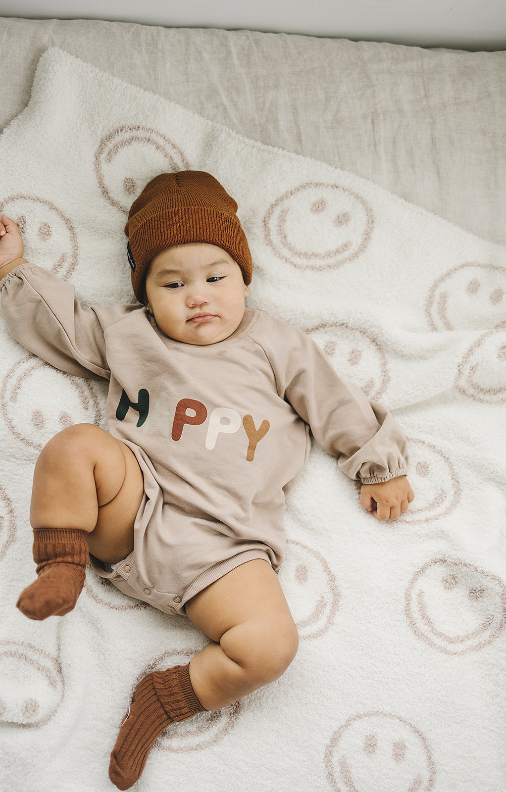 Smiley Taupe Checkered Plush Blanket