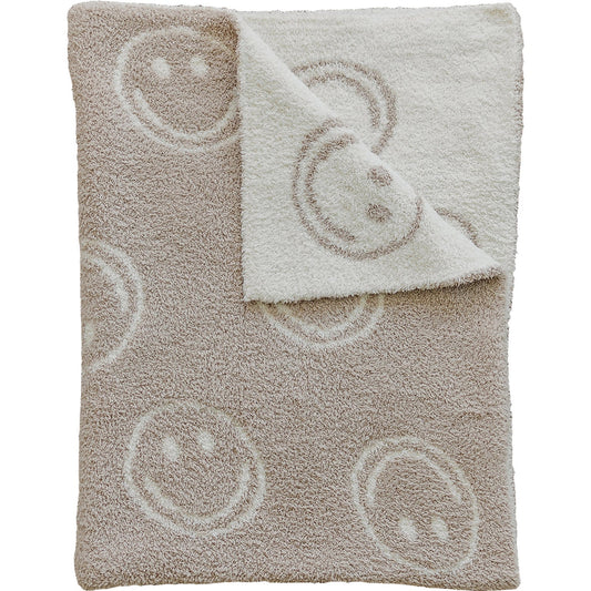 Smiley Taupe Checkered Plush Blanket